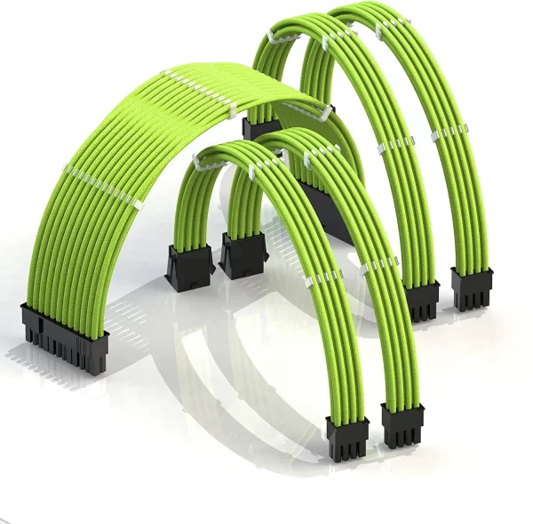 Green_01_KOZYFOX Sleeved PSU Extension Cables Braided Cable Kit with Combs, 18AWG ATX, 1 x 24P (20+4), 2 x 8P (4+4) CPU, 2 x 8P (6+2) GPU Set, 11.8 inch 30cm