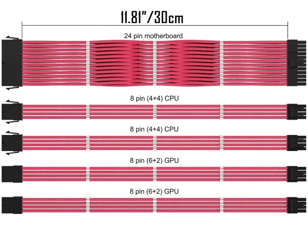 Pink_07_KOZYFOX Sleeved PSU Extension Cable Kit Custom Mod Braided Cable Kit with Combs, 18AWG ATX, 1 x 24P (20+4), 2 x 8P (4+4) CPU, 2 x 8P (6+2) GPU Set, 11.8 inch 30cm