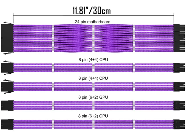 Purple_07_KOZYFOX Sleeve Extension Power Supply Cable Custom Mod Braided Cable Kit with Combs, 18AWG ATX, 1 x 24P (20+4), 2 x 8P (4+4) CPU, 2 x 8P (6+2) GPU Set, 11.8 inch 30cm