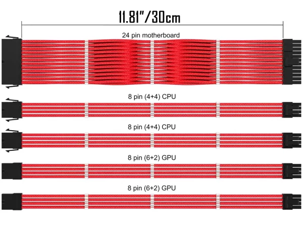 Red_07_KOZYFOX Custom Sleeved Power Supply Cable Extension Kit Braided Cable Kit with Combs, 18AWG ATX, 1 x 24P (20+4), 2 x 8P (4+4) CPU, 2 x 8P (6+2) GPU Set, 11.8 inch 30cmRed_01_KOZYFOX Sleeved PSU Extension Cable Kit Custom Mod Braided Cable Kit with Combs, 18AWG ATX, 1 x 24P (20+4), 2 x 8P (4+4) CPU, 2 x 8P (6+2) GPU Set, 11.8 inch 30cm