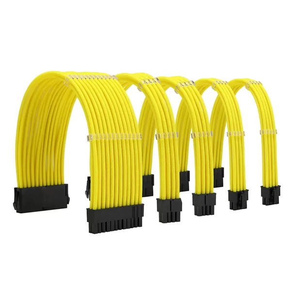 Yellow_01_KOZYFOX Sleeved Power Supply Extension Cables Custom Mod Braided Cable Kit with Combs, 18AWG ATX, 1 x 24P (20+4), 2 x 8P (4+4) CPU, 2 x 8P (6+2) GPU Set, 11.8 inch 30cm