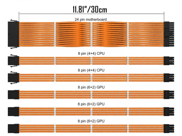 6 pack_Orange_07_KOZYFOX Sleeve Extension Power Supply Cable Custom Mod Braided Cable Kit with Combs, 18AWG ATX, 1 x 24P (20+4), 2 x 8P (4+4) CPU, 2 x 8P (6+2) GPU Set, 11.8 inch 30cm