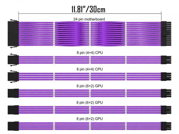 6 pack_Purple_07_KOZYFOX Sleeve Extension Power Supply Cable Custom Mod Braided Cable Kit with Combs, 18AWG ATX, 1 x 24P (20+4), 2 x 8P (4+4) CPU, 2 x 8P (6+2) GPU Set, 11.8 inch 30cm